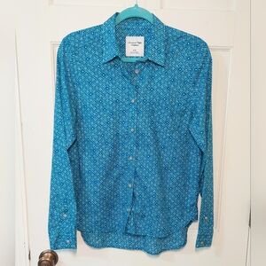 American Eagle Outfitters Teal Geometric Batik Floral Print Shirt, Size M